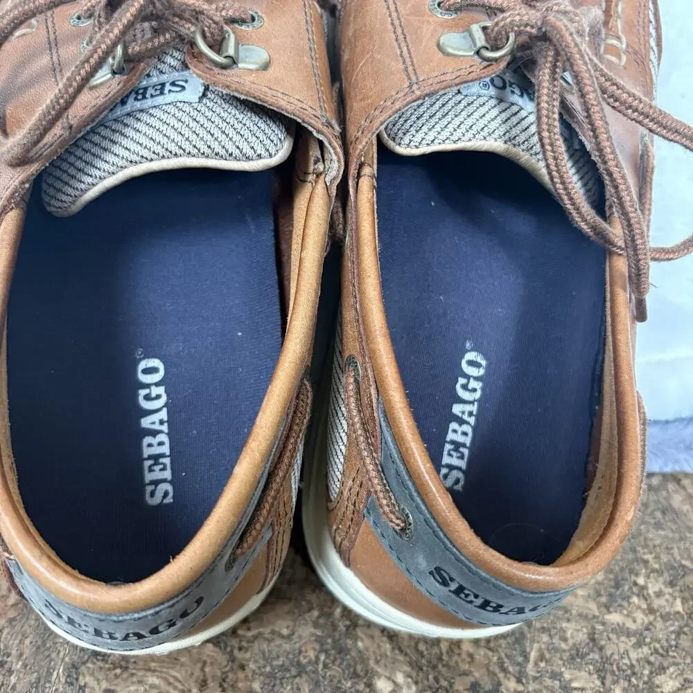 Sebago Brown Leather Boat Shoes Lace Up Comfort Deck Loafers Mens 8.5 WW